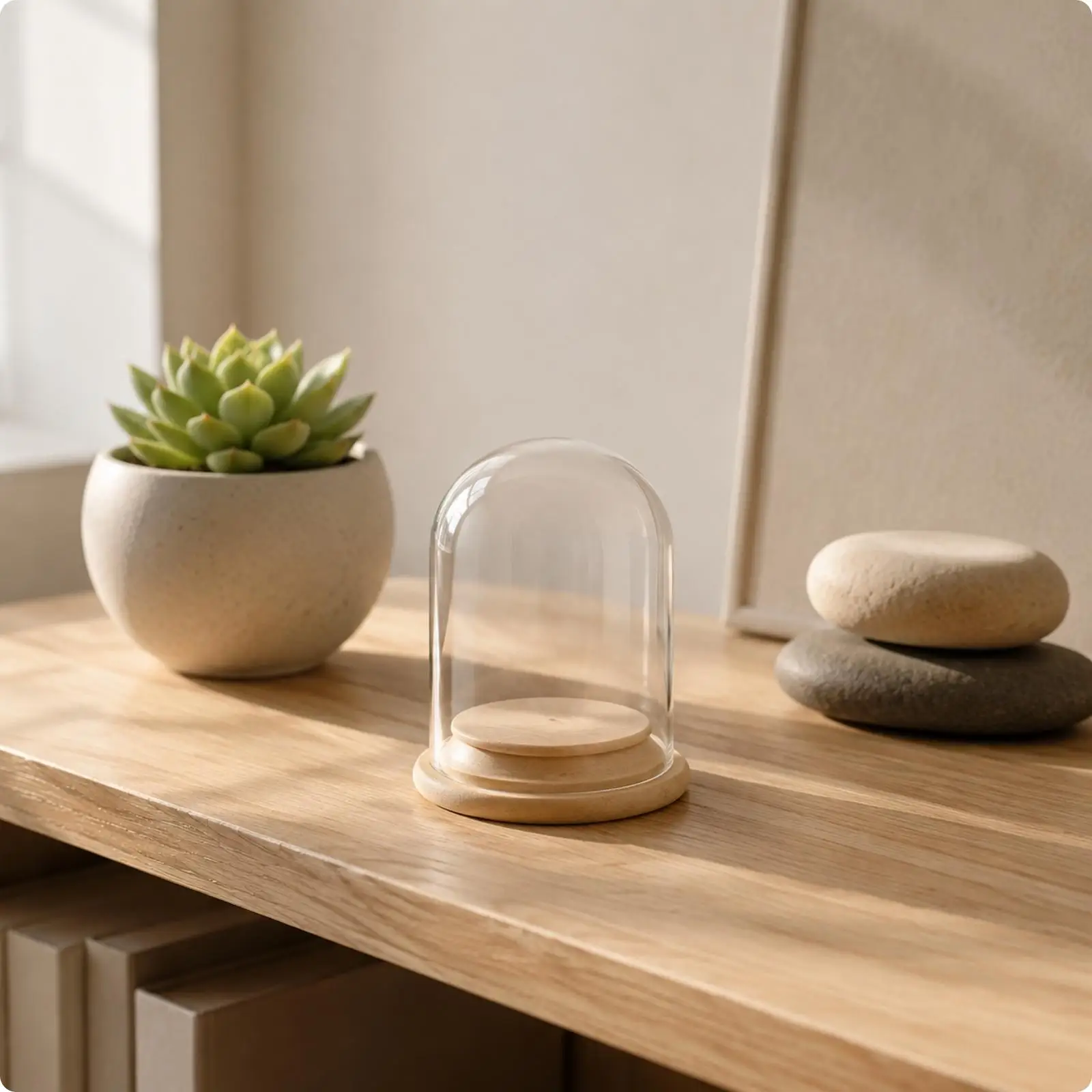 Decorative Glass Cloche with Bamboo Lid Base for Dust Protection of Botanical Keepsake Pieces
