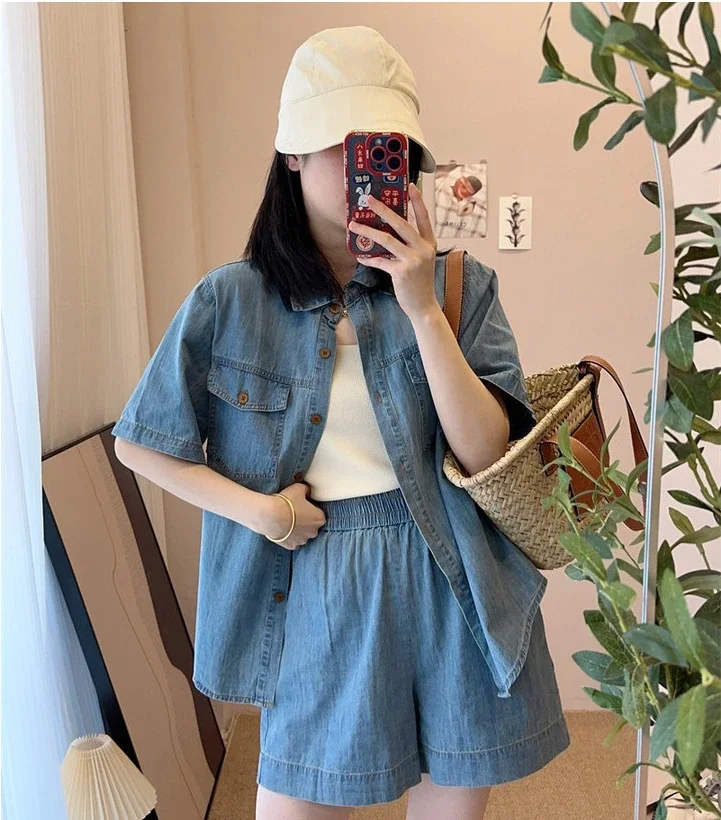 

New In Women's Summer Shorts Matching Sets Korean Cargo Lapel Thin Denim Short Sleeve Blouse and Shorts 2 Piece Set Women Outfit