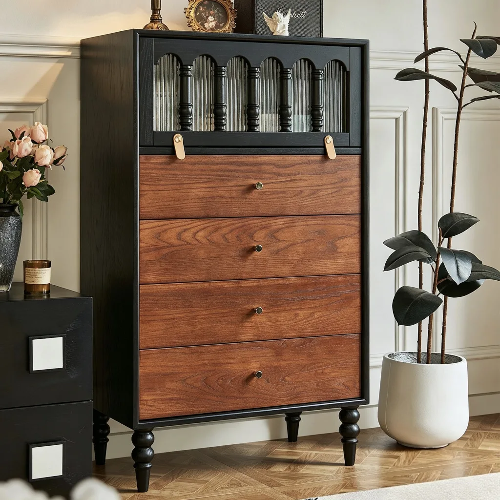 French retro tipping bucket cabinet living room solid wood bedroom storage cabinet against the wall