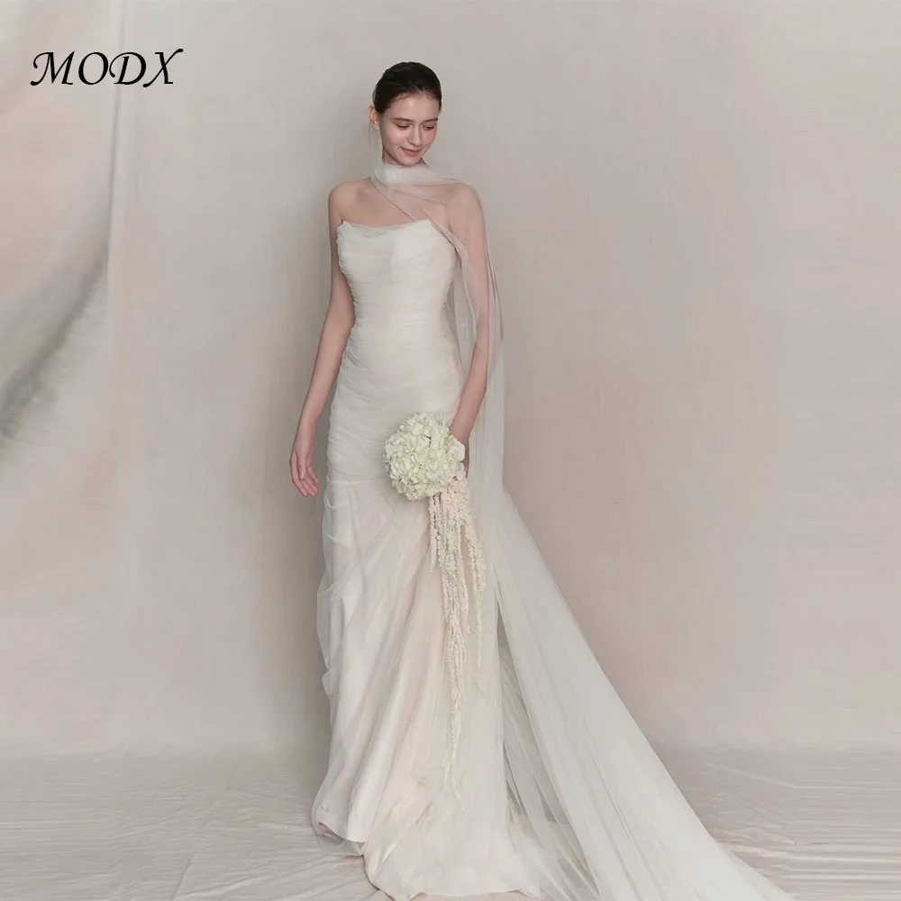 

MODX Simple lvory Tulle Wedding Dresses Pleated Mermaid Bridal Gowns Elegant Sweeping Tail Korean Bridal Gowns Customized 웨딩드레스