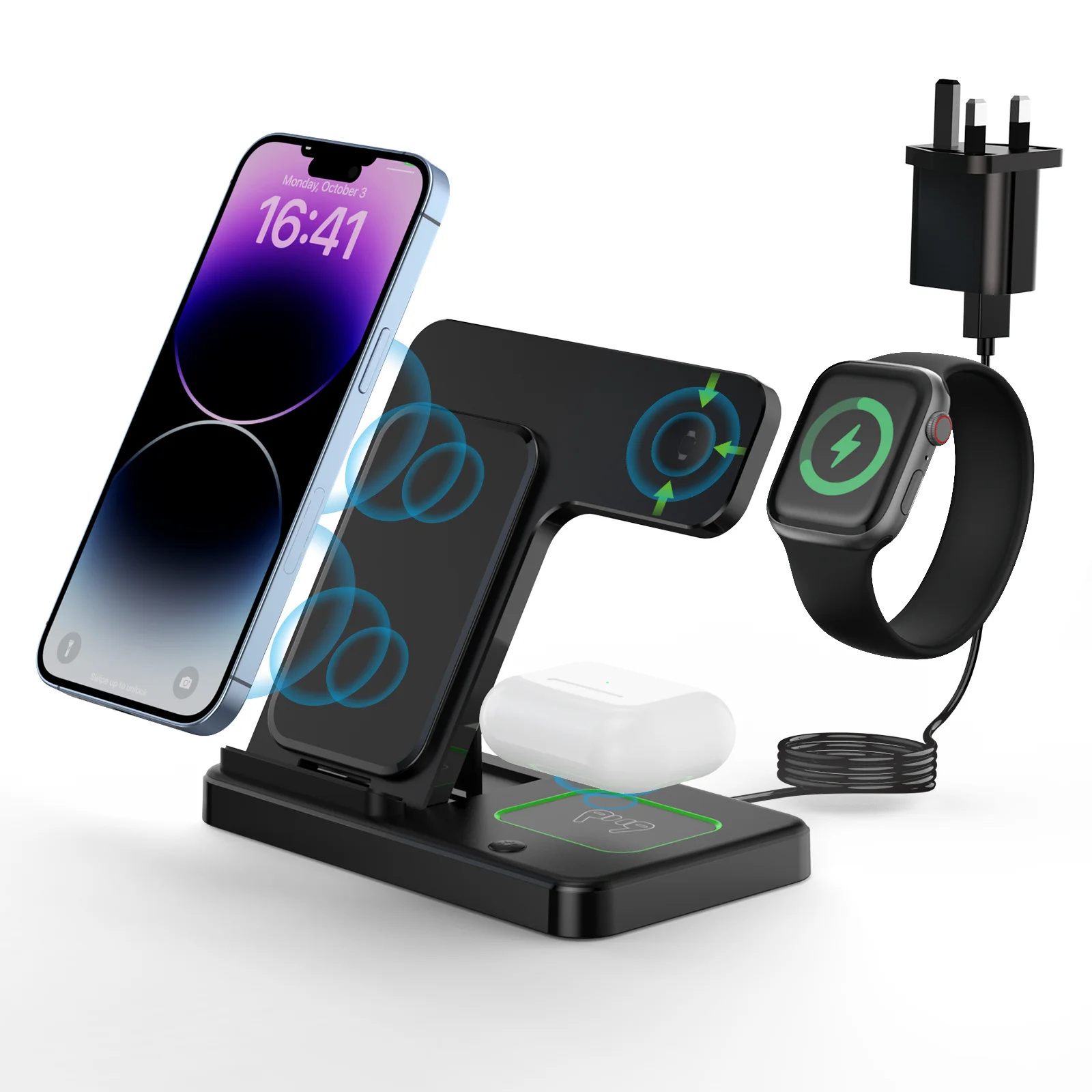 

30W LED Fast Wireless Charger Stand 3 in 1 Foldable Charging Station For iPhone 15 14 13 12 11 Apple Watch 9 8 7 6 5 Airpods Pro