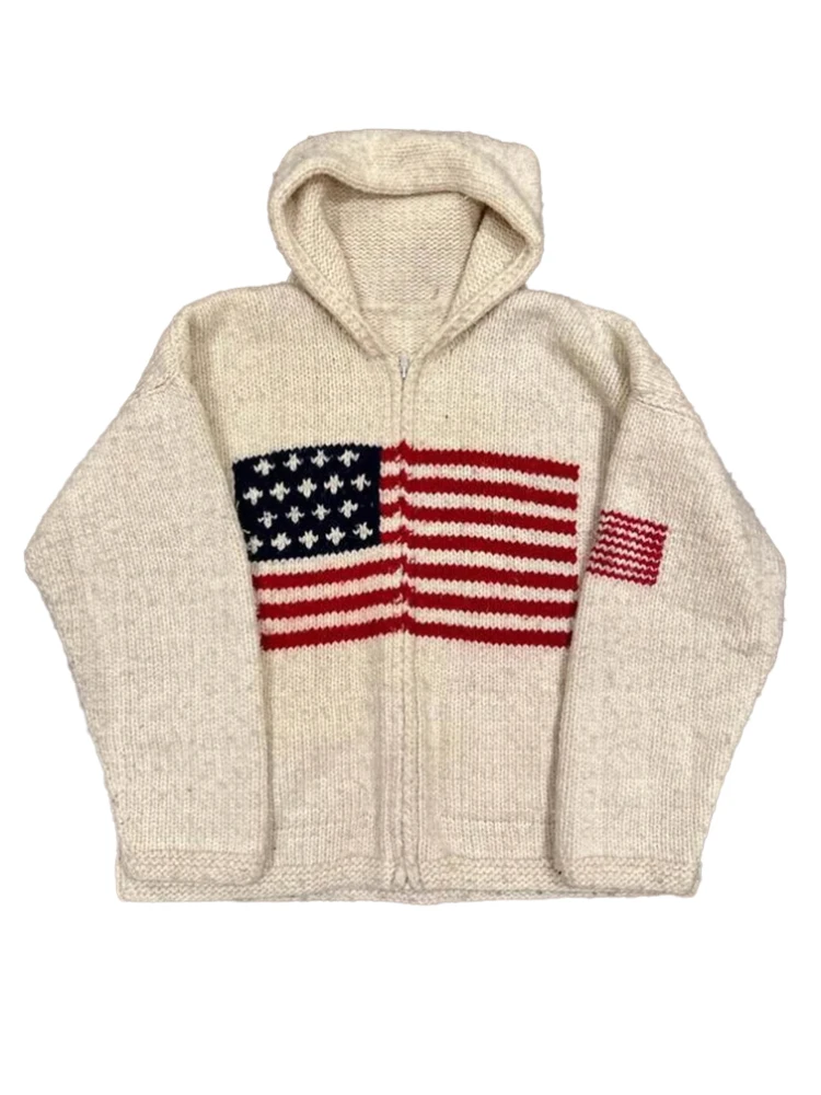 Y2k hooded sweater aesthetic American flag embroidery women's sweater autumn/winter retro long sleeved sweater pullover loose fi