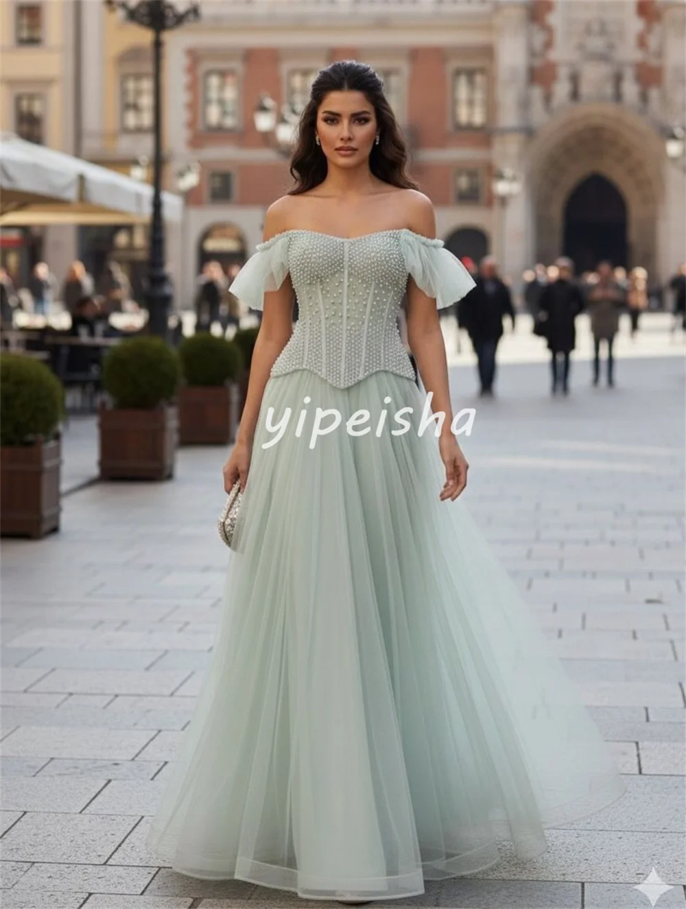 تخصيص مطابقة معقدة تول الطية اللؤلؤ ألف خط خارج على الكتف فساتين طويلة فساتين السهرة الأحجام المتاحة رائعة #2