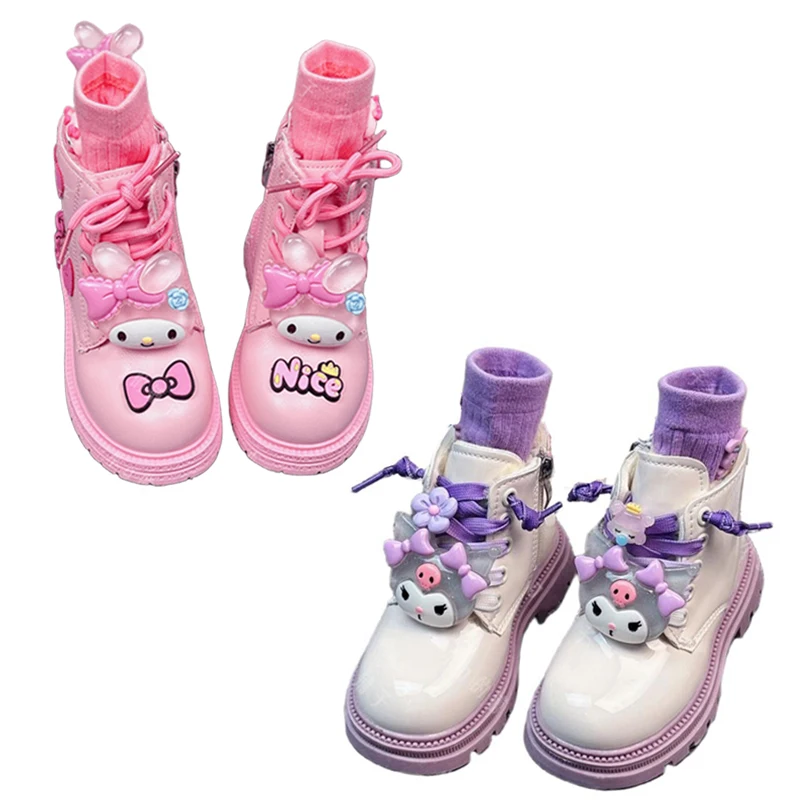 Anime Kawaii Sanrio My Melody Kuromi Velvet Warm Girl Martin Boots British Style Soft Sole Anti-Slip Cartoon Cute Kid Short Boot