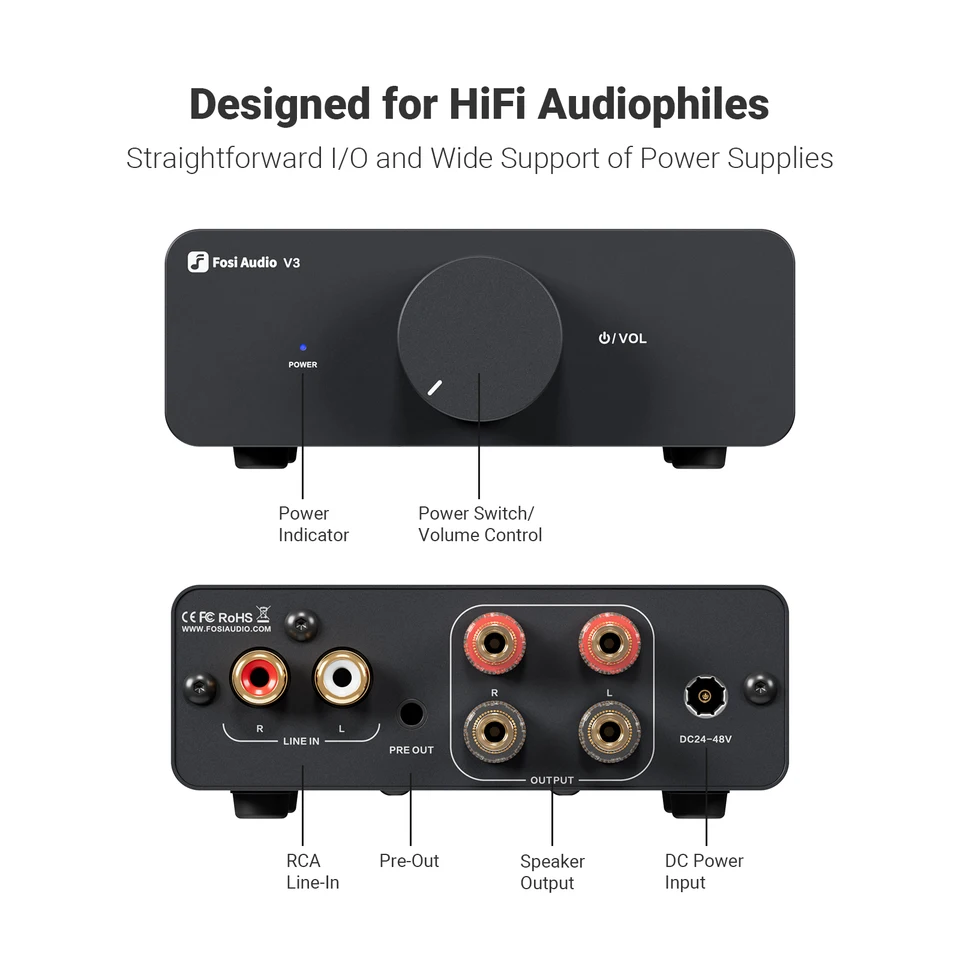 Fosi Audio V3ステレオパワーアンプ 300W×2 TPA3255 クラスDミニアンプ