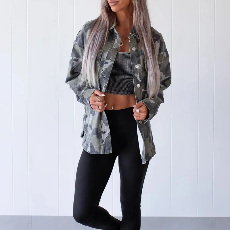 Ladies Camo Print Lapel Jacket Relax Long Sleeve Coat Autumn New Women Multi‑Pocket Trucker Outfit For Daily Street Casual Wear