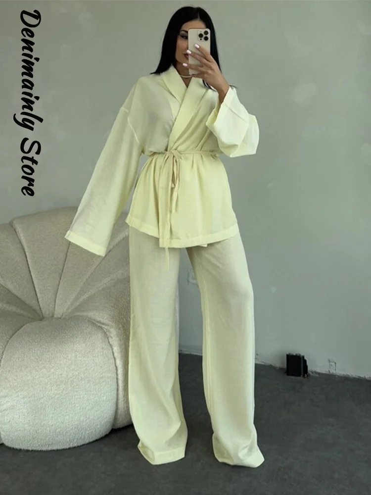 

Casual Lace Up Shirt Straight Pants Set Women Solid Long Sleeve V-neck Shirt Loose Wide Leg Trousers 2025 Fashion Summer Outfit