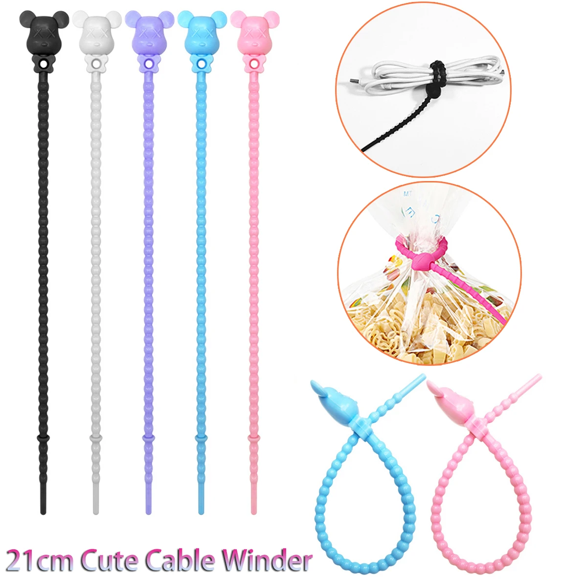 22cm Silicone Wire Storage Bear Wire Tie Reusable Cable Management Belt Tidy for Earphones Phone Charging Cable Storage Lanyard