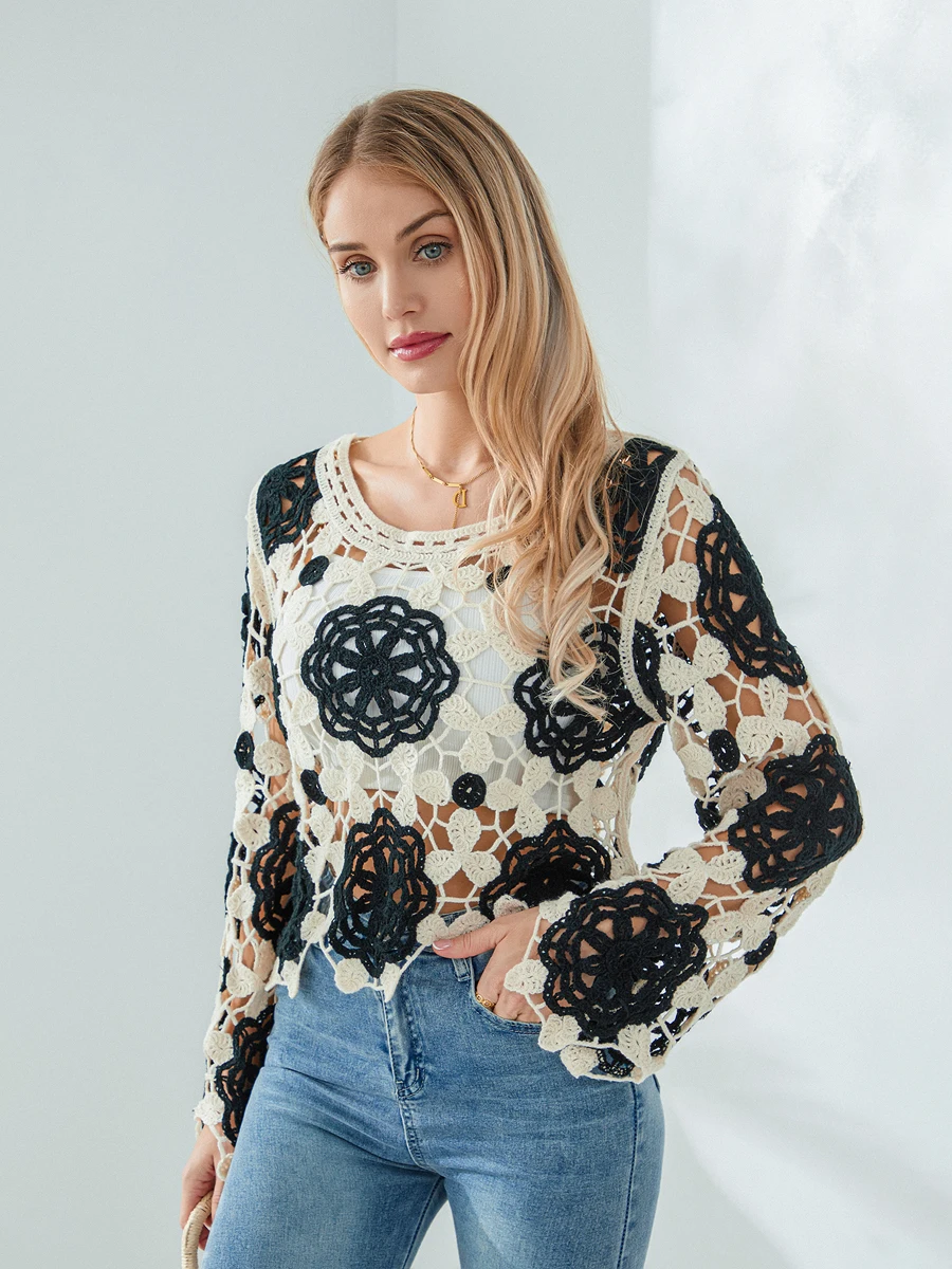 Nowa moda Damskie wiosenne letnie dzianinowe topy z długim rękawem Crewneck Floral Crochet Casual Crop Tops Club Street Style Gorąca wyprzedaż