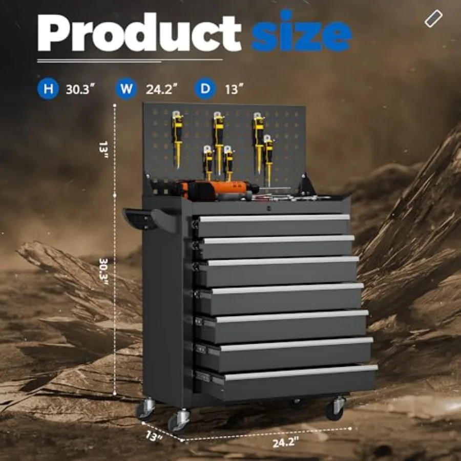 خزانة أدوات دوارة مكونة من 7 أدراج مع خزانة أدوات معدنية من بيجبورد مع خزانة تخزين أدوات بأدراج مع عجلات لورشة المرآب R