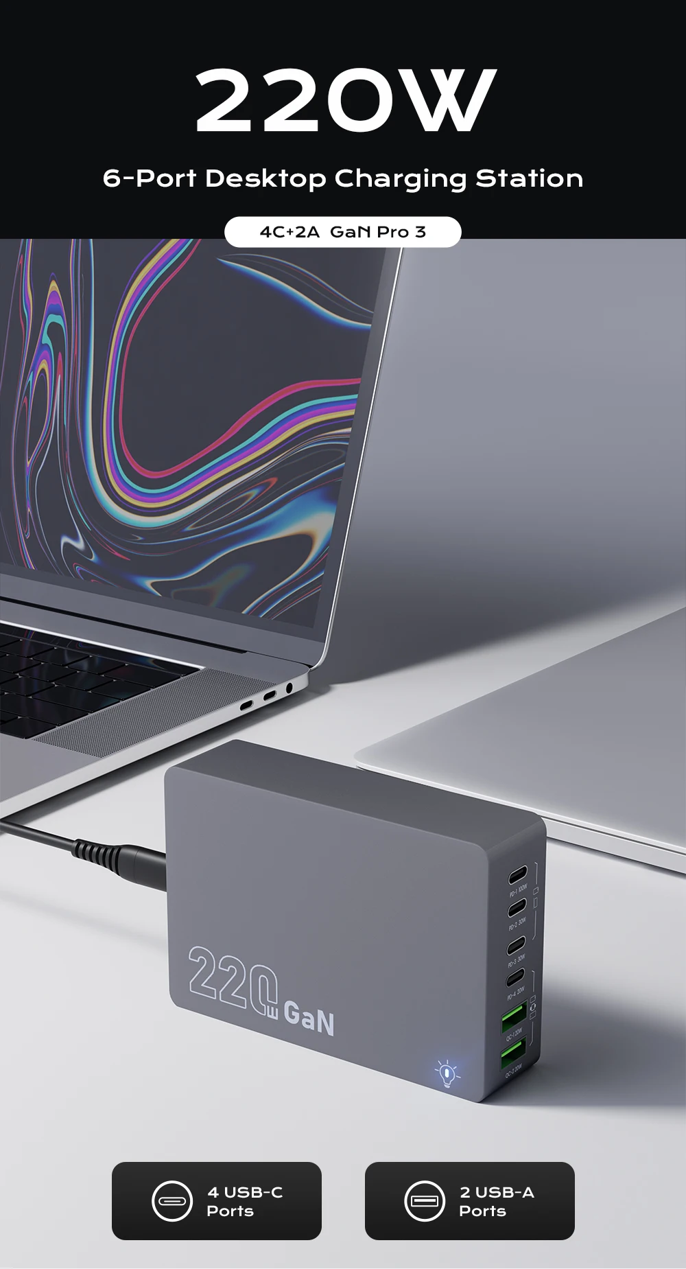 220 W GaN Desktop-Ladegerät 6-Ports PD 100 W USB Typ C QC 3.0 Schnellladestation für IPhone 16 Pro Tablet MacBook Samsung Laptop – Detail 1