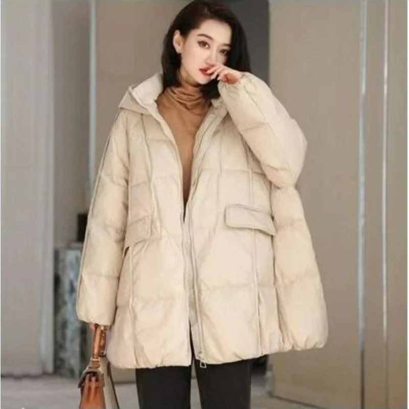 Women's Autumn and Winter Fashion High Street Loose Warm Women's Large Size White Duck Down Loose Medium and Long Hooded Jacket