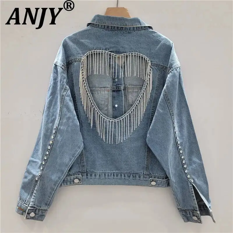 

ANJY Autumn New Women Fashion Unique Heart Hollow Tassel Diamonds Embellished Denim Jacket Tide Streetwear Slimming Coat AA10725