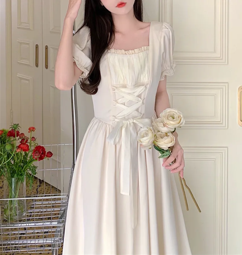 

plus Size Women's Gentle Sle Square Collar Bubble Sve Dr Summer New Slimming Waist Cinched Long Dr Korean Sle A-...