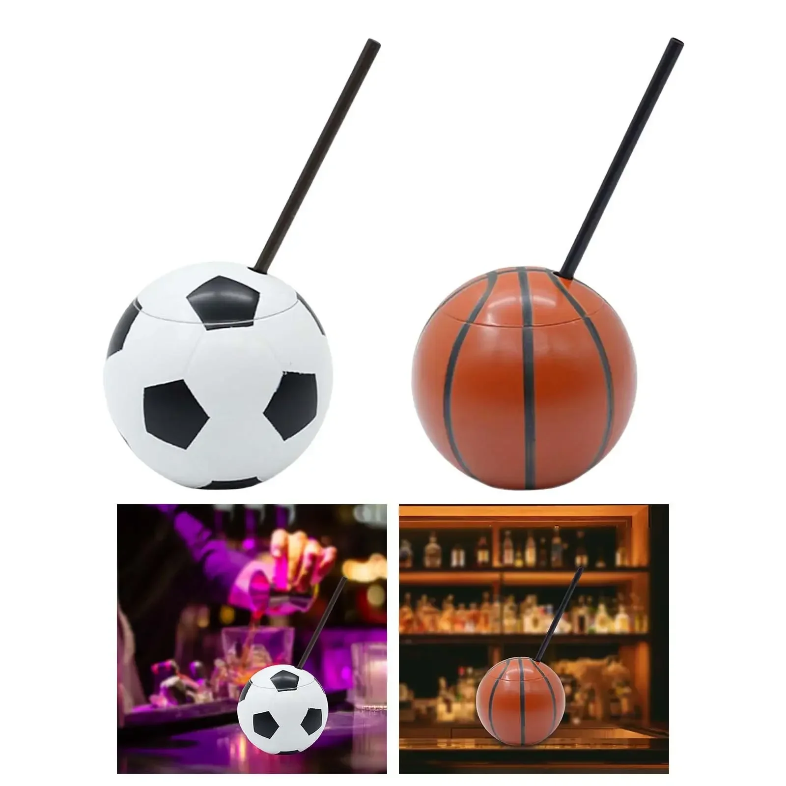 450ml Football Shaped Cups Glass Bottle Basketball Bottle with Lid and Straw for Cold Drinks Reusable Sealed for Party Supplies