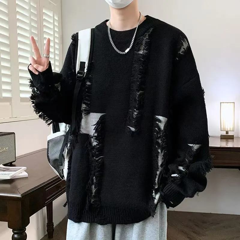 เสื้อสเวตเตอร์ไหมพรมสไตล์อเมริกันแนวสตรีทแฟชั่นสำหรับผู้ชาย ดีไซน์เท่ห์ๆ สไตล์พังก์ ฮิปฮอป ลำลอง ทรงหลวม ทันสมัย