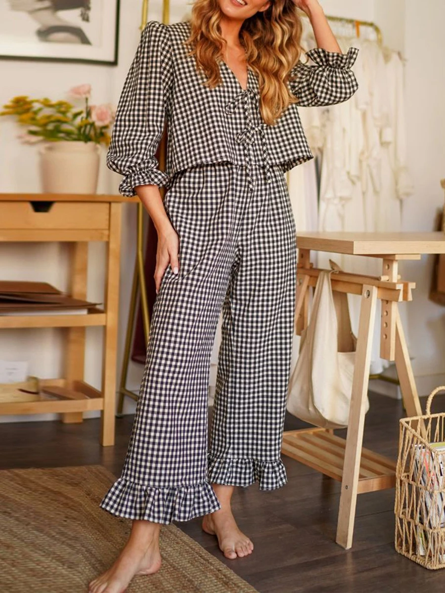 Women Casual Plaid Sets Ruffled Puff Sleeve Tie Front Peplum Shirt Blouse Top High Waist Pants Set 2 Piece Outfits Set