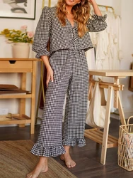 Casual Women Gingham Pajama Set Tie Front Puff Long Sleeve V Neck Ruffle Shirt & Wide Leg Pants Pj Set 2 Pieces Sleepwear