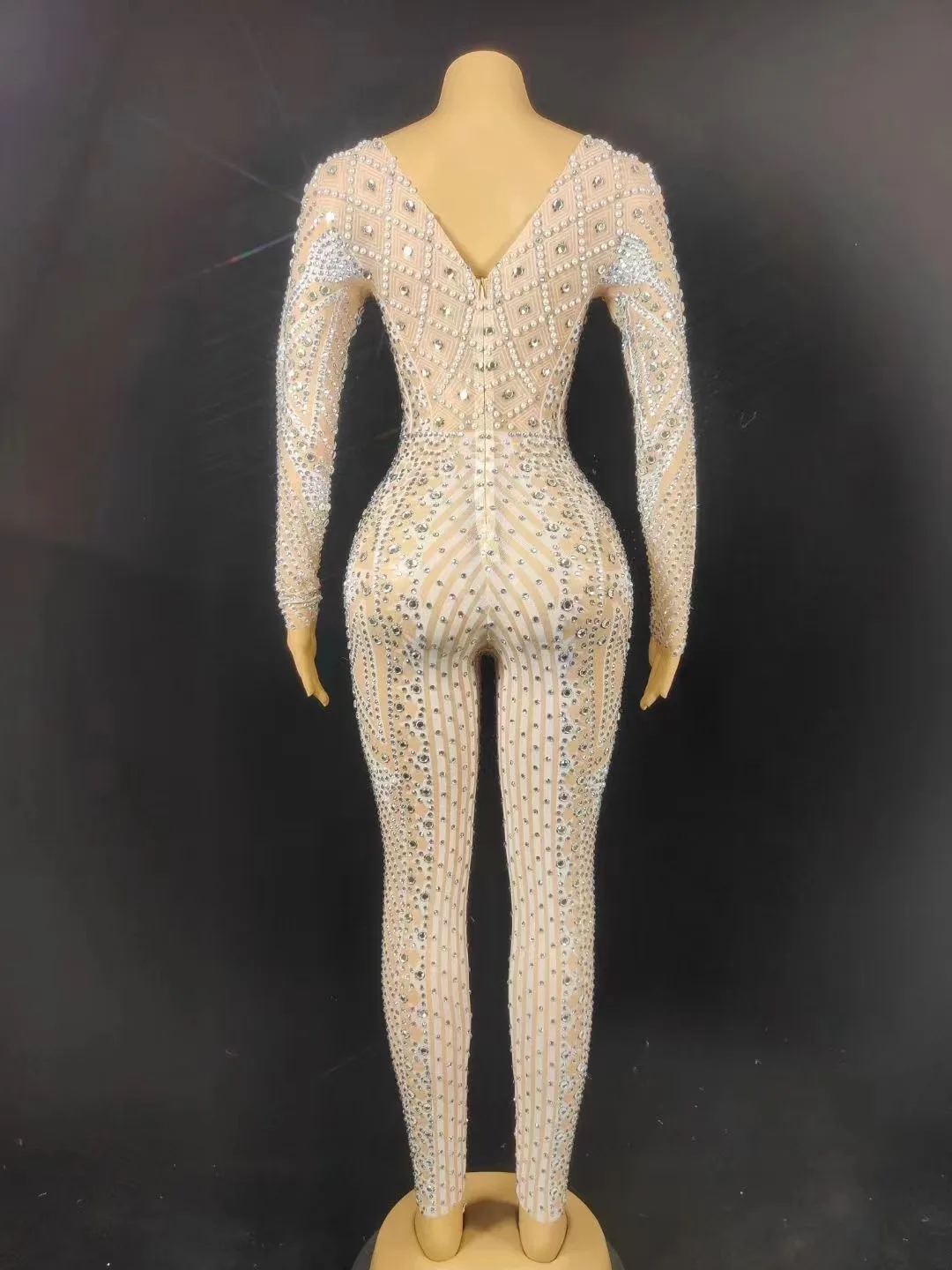 Costume Women Dance Prom Party Photoshoot Jumpsuit Sparkly Silver Crystals Transparent Long Sleeves Jumpsuit Birthday Celebrate