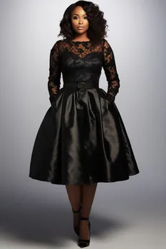 Büyük Beden Kokteyl Partisi Dantel Siyah Yuvarlak Yaka Uzun Kollu Cep Kontrast Saten Midi Elbiseler