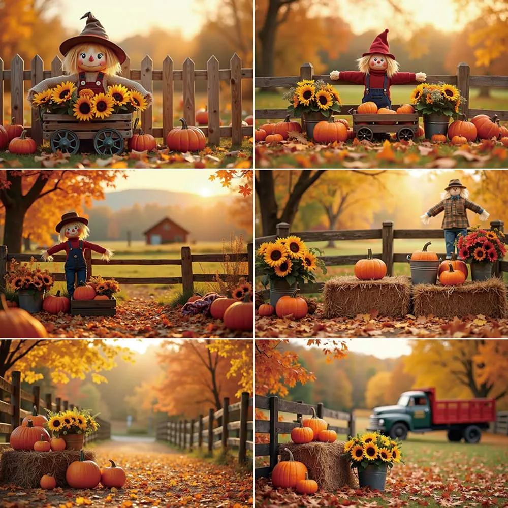 

MOON.QG Thanksgiving Rural Village Photography Background Autumn Garden Fence Farm Pumpkin Backdrop Child Photo Studio Back Drop