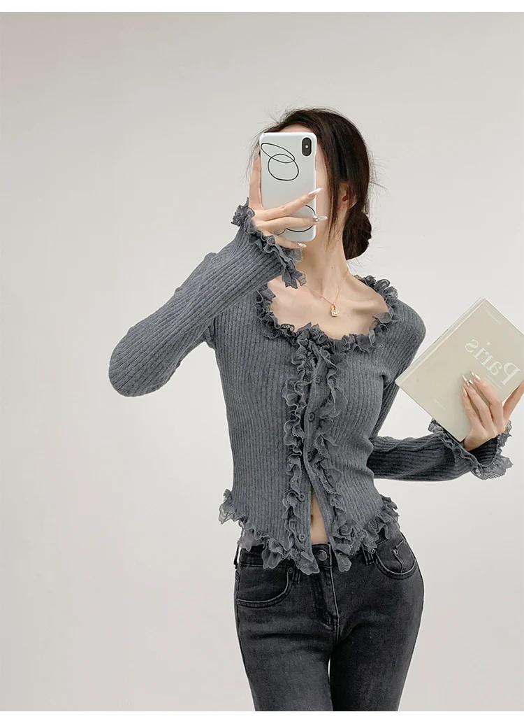 2026 Quadratischer Kragen Spitzenbesatz Langarm-Strickpullover Damen Retro Kurzer Stil Schlanke Oberteile Einreihige Strickjacke – Detail 19