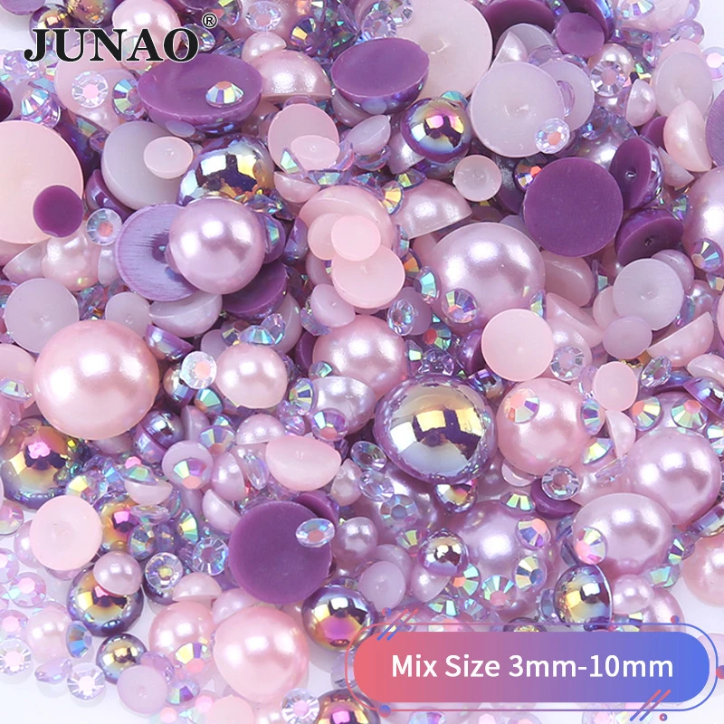 JUNAO 3mm-10mm Mix Size Flatback Pearls AB Rhinestone Imitation Half Round Pearl Non Hot Fix Crystal Stones DIY Clothe Crafts