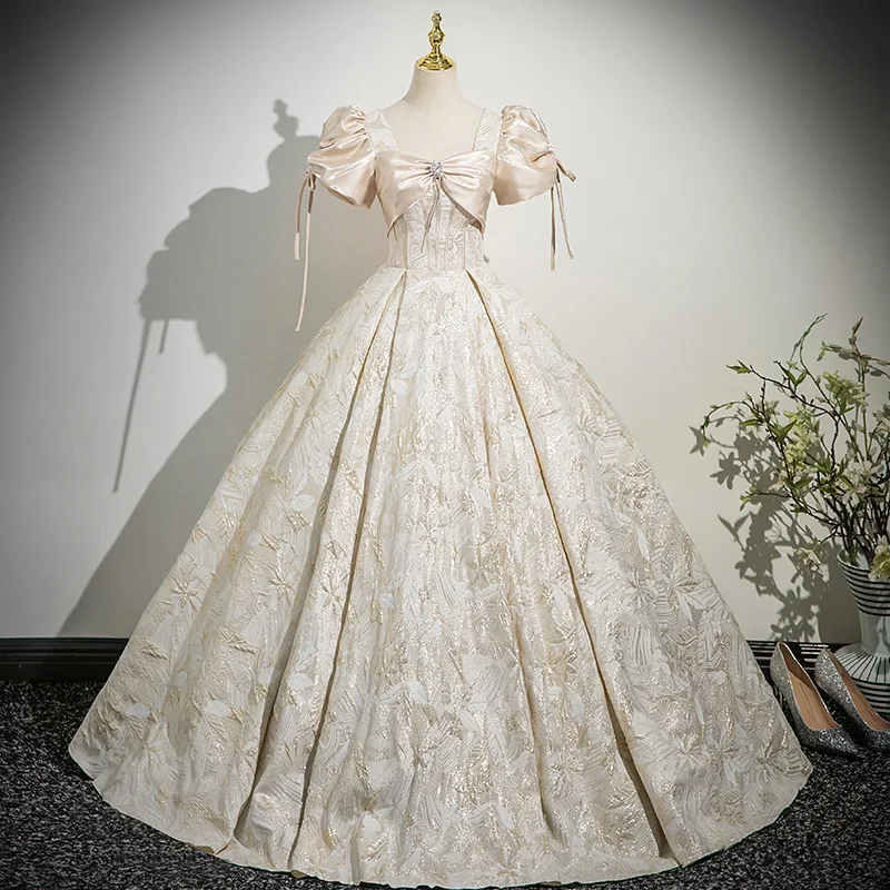 Champagne Colored Graduation Dress Princess Skirt Host Year Conference Puffy Wedding Gown Short Sleeve Spring Polyester Fiber