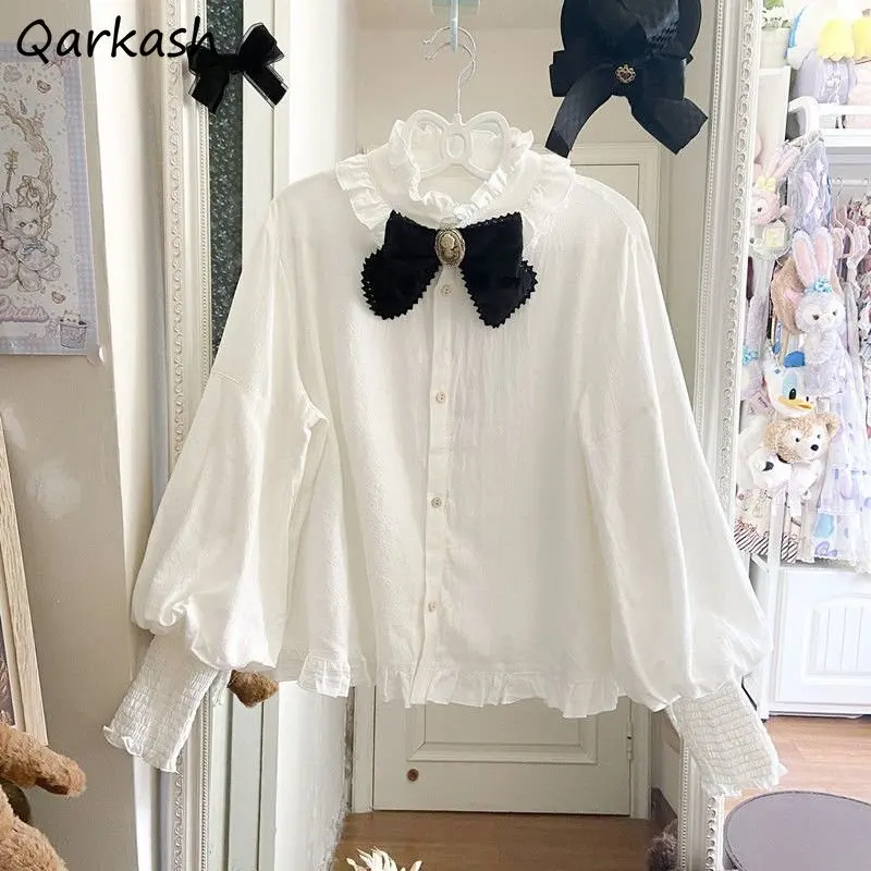 

Shirts Women Baggy White Ruffles Lantern Sleeve Kawaii Clothes Sweet Designer French Stylish Aesthetics Camisas Personal Girlish