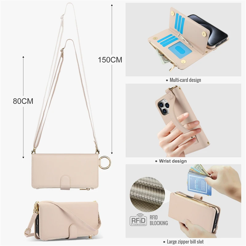 Multifunction Card Slots Holder Zipper Wallet Flip Phone Case for IPhone 15 14 13 12 11 Pro Max Plus XS XR X 15Pro Strap Cover