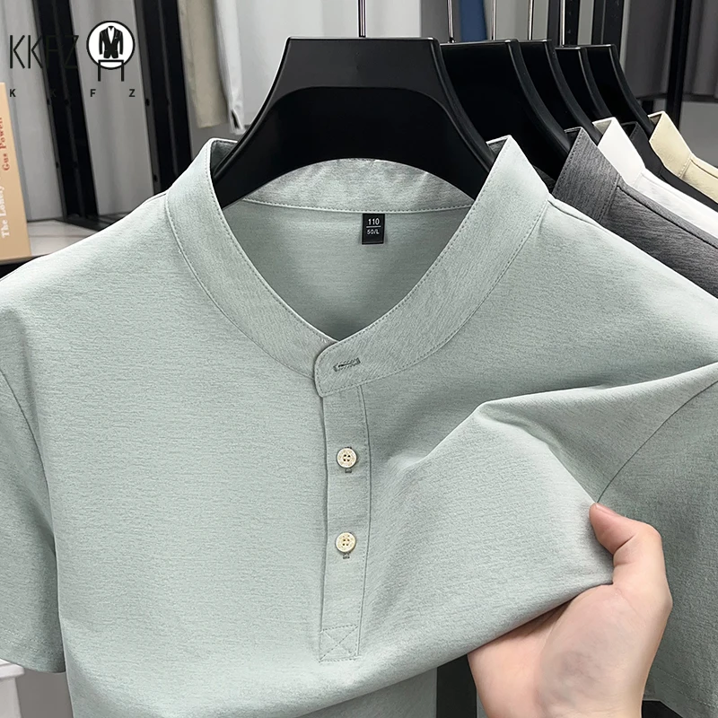 Summer male stand notch neck tee two button placket elastic sweat wicking lightweight office commuting leisure plain garment