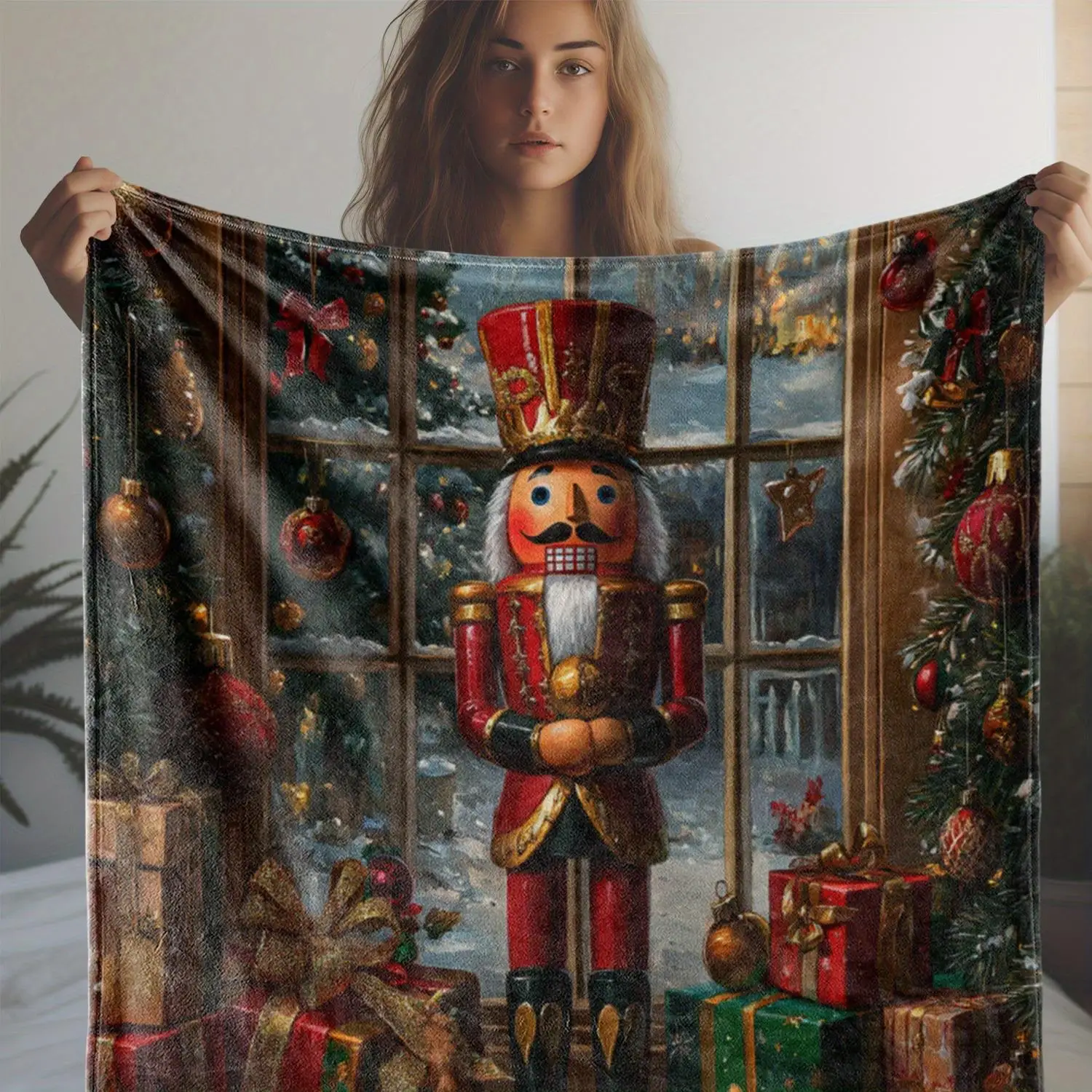 Retro puppets and Christmas decoration blanket. Digital print. Suitable for all seasons. For sofas, beds, offices