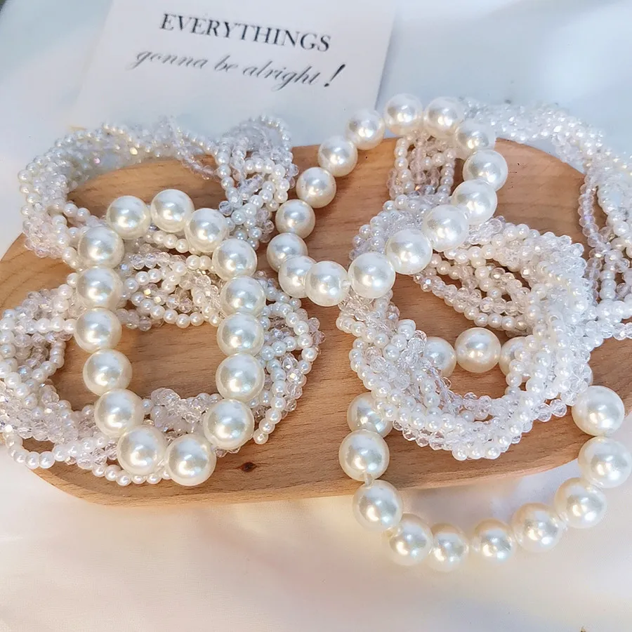 3164 Wholesale Elegant Princess Temperament Glass Crystal Plastic Pearl Hair Tie Girl Hair Rope Summer Beaded Bracelet Dual-use