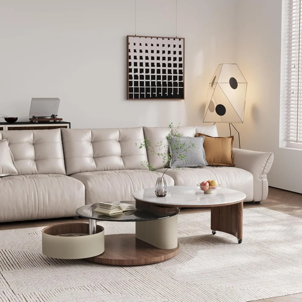 طاولة قهوة مستديرة حديثة، طاولة مركزية متعددة الاستخدامات 2 في 1 مع عجلات وتخزين، حجر متكلس وزجاج مقسى