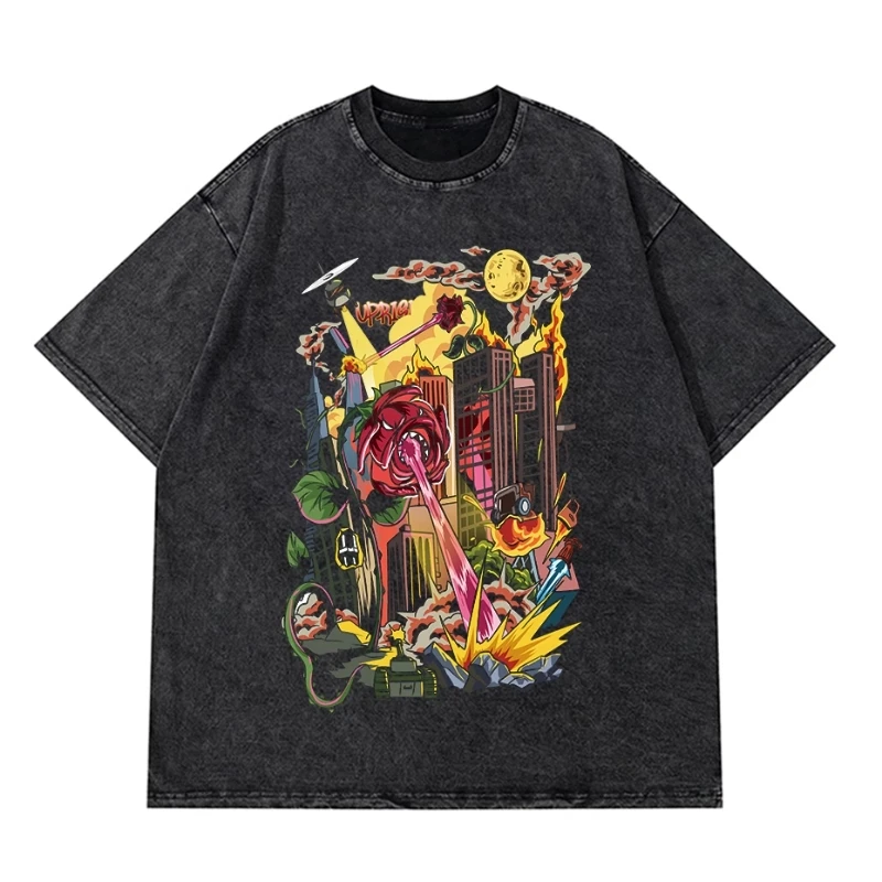 Printed T Shirt Men Retro Washed 100_ Cotton Tops Tees Harajuku Tshirt 2023 Streetwear Hip Hop Male T-shirts T Shirt