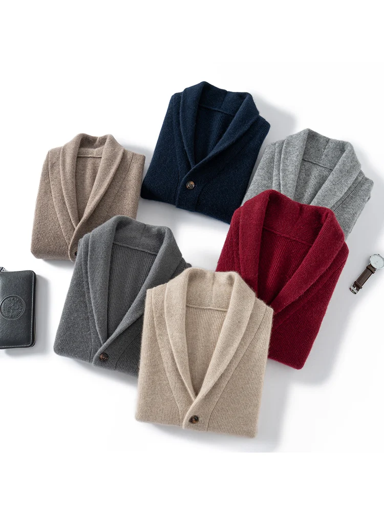 

Men's Sweater 100% Cashmere Knitwear Autumn Winter Thick Cardigan Smart Casual Turn Down Collar Tops Warm Buttons Clothing Coat