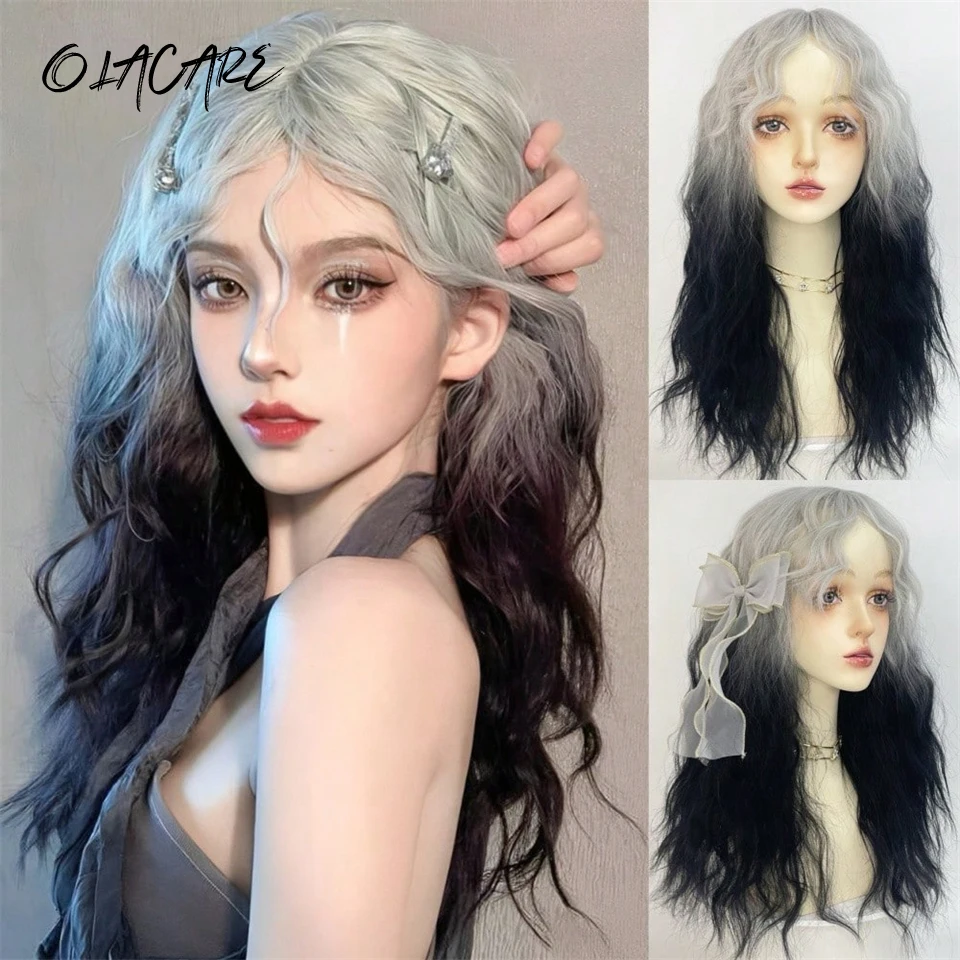 OLACARE Synthetic Curly Wave Brown Black Grey Wig Layered Hair Wigs with Bangs Routine Wigs for Women Daily Use Heat Resistant