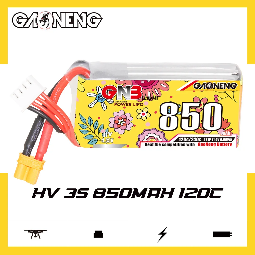 2pcs GNB High Energy 3S/4S 850mAh 11.6V /15.2V 120C LIHV 2.5-3 inch FPV Freestyle Drone Lithium Battery Spare Parts