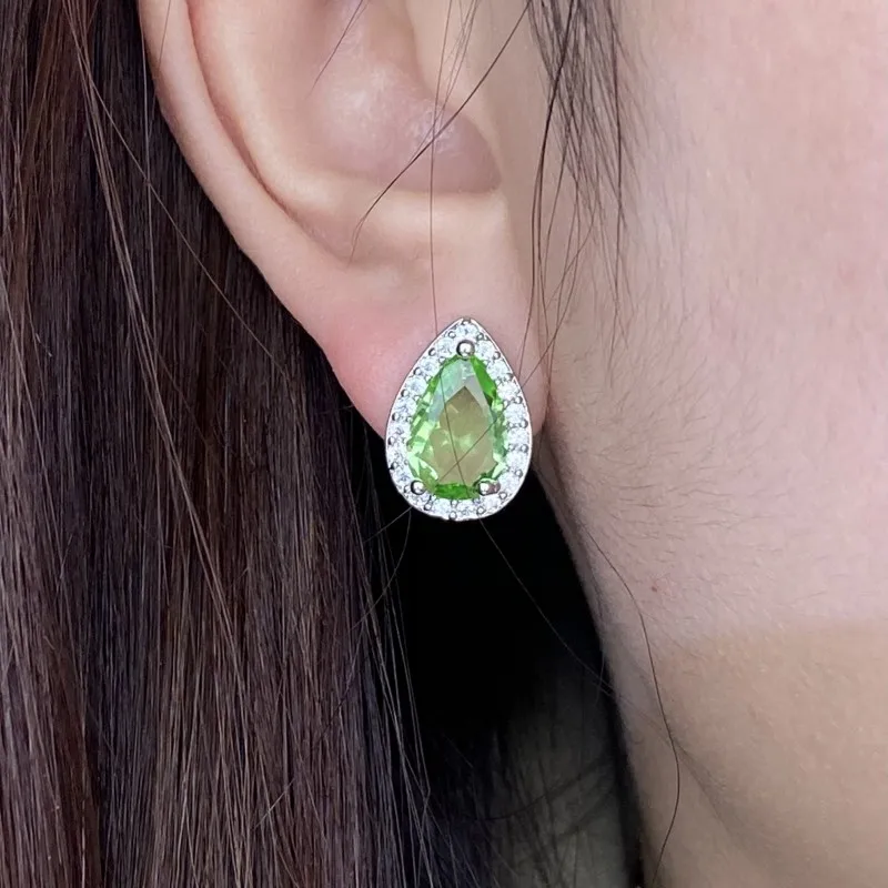 Classic Oval Teardrop Pear Shape Emerald Green Teal Full Diamond Stud Earring For Women Geometric Engagement Bridal Gift Jewelry