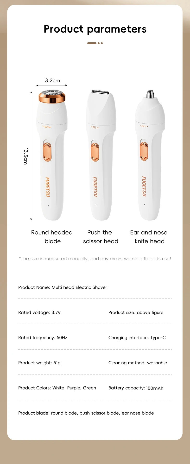 3-in-1 Electric Hair Removal Set Portable Type-C Rechargeable Shaver for Underarm Leg And Nose Hair Trimming