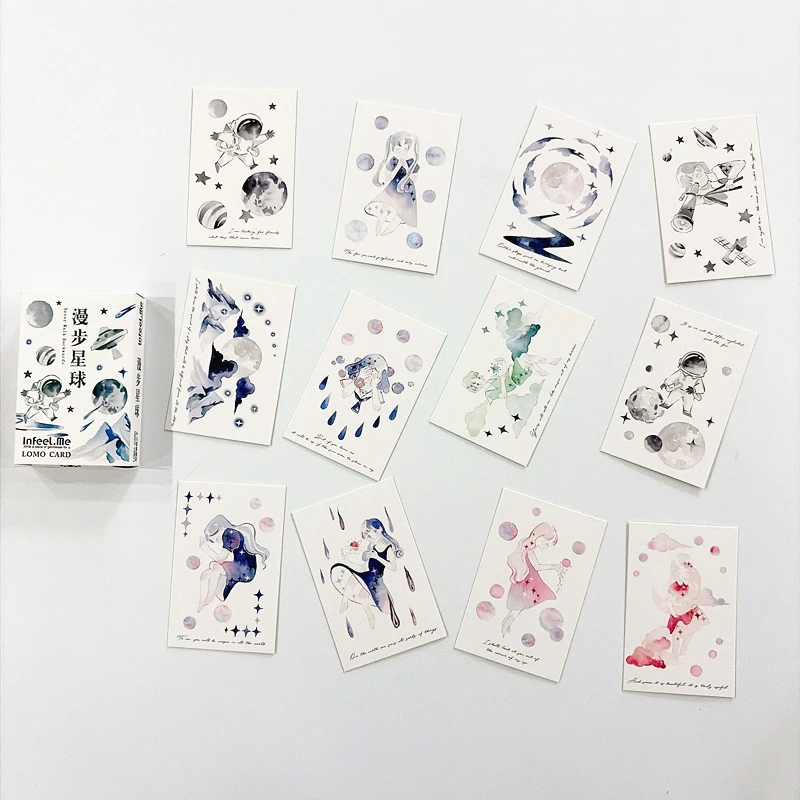 28Pcs Watercolor Space Planet LOMO Cards Astronaut & Galaxy Girl Mini Postcards Aesthetic Universe Photo Cards
