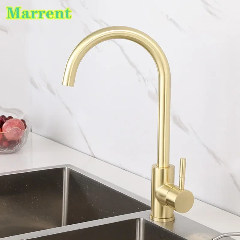 Home Brushed Gold Hot and Cold  Kitchen  Sink Mixer Taps Deck Mounted 304 Stainless Steel Kitchen Water Faucet