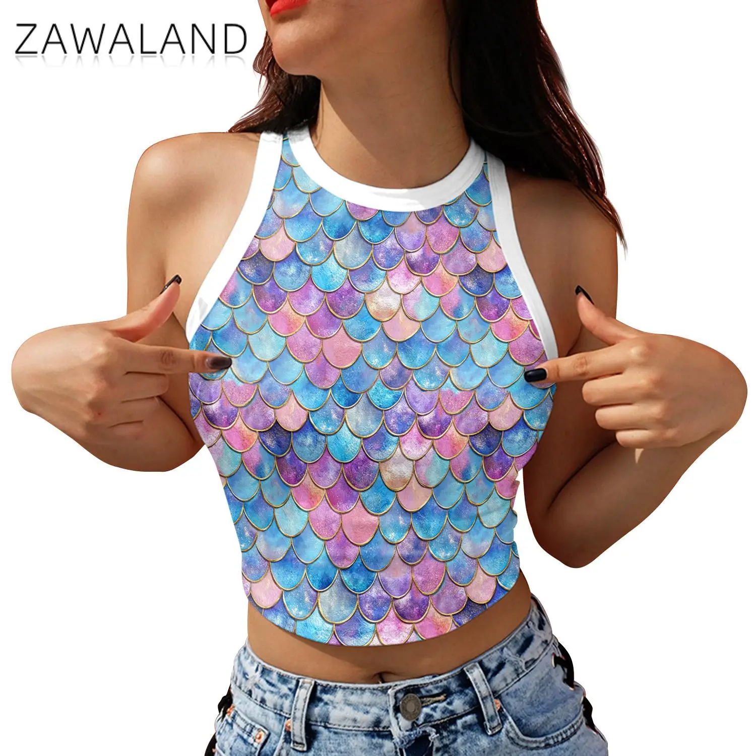 Mermaid Scale Print Crop Top Women's Sleeveless Tank Top Summer Streetwear Y2K Colorful Fish Scale Vest for Carnival Beach Party