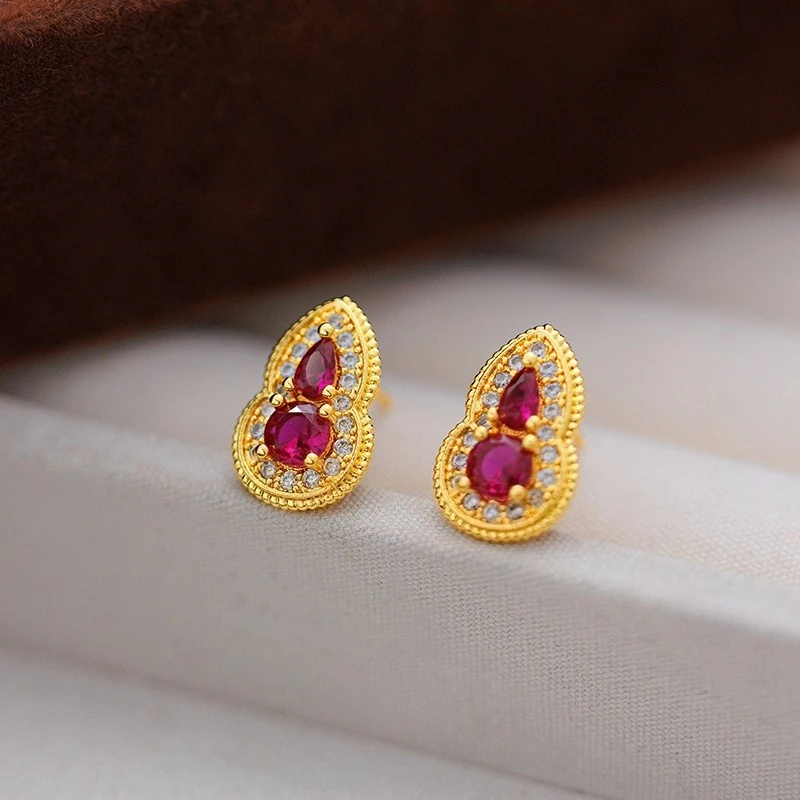 

Genuine 18 K Gold Color Hulu Rose Red Zircon Dot Drill Earring for Women Birthday Wedding Engagement Jewelry Gifts