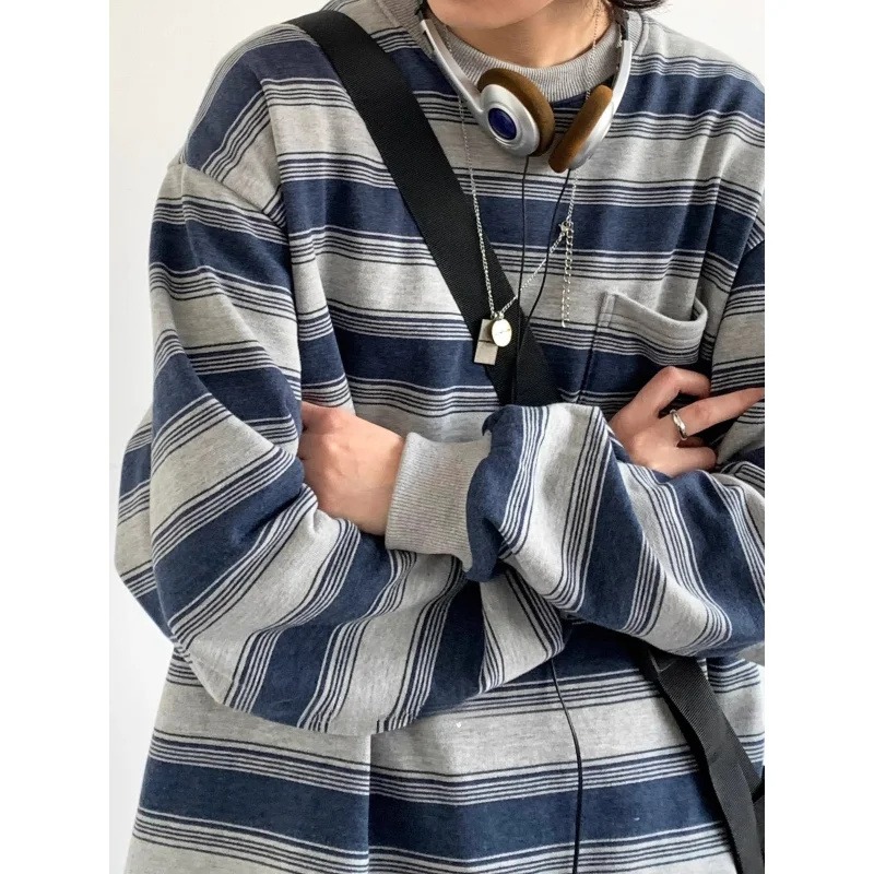 

Retro Old Long-sleeved Sea Soul Shirt Boys and Girls Spring Couple Crew Neck Bottoming Shirt Striped Tooling Sweater