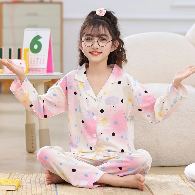 2024 Children\'s Pajama Sets Girls Autumn Cardigan Pijama Sweet Cute Long Sleeve Sleepwear Cartoon Loungewear Kids Home Clothing