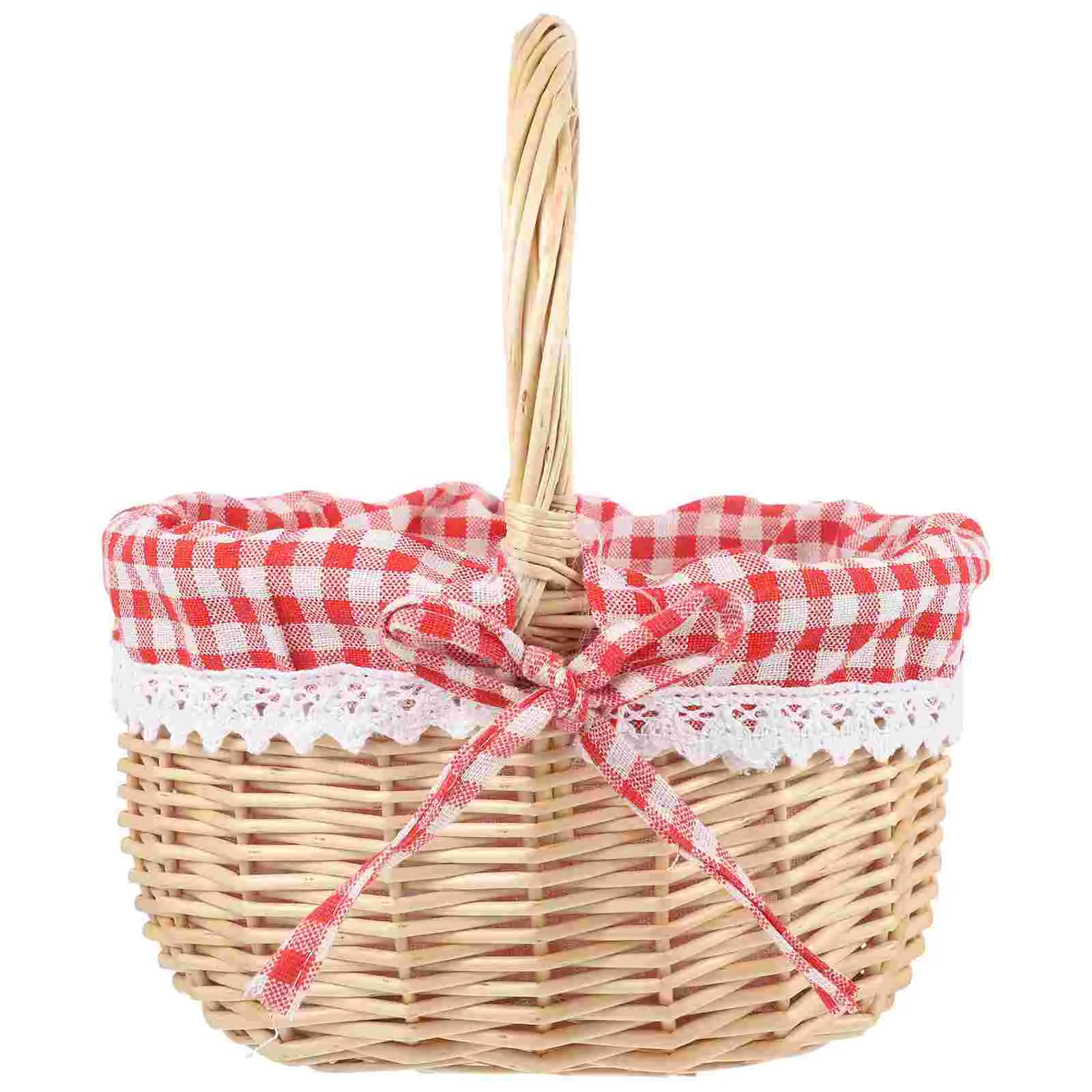 Rattan Storage Basket Fruit Bread Container Gift Laundry with Lid Food Picnic Bag Rouge