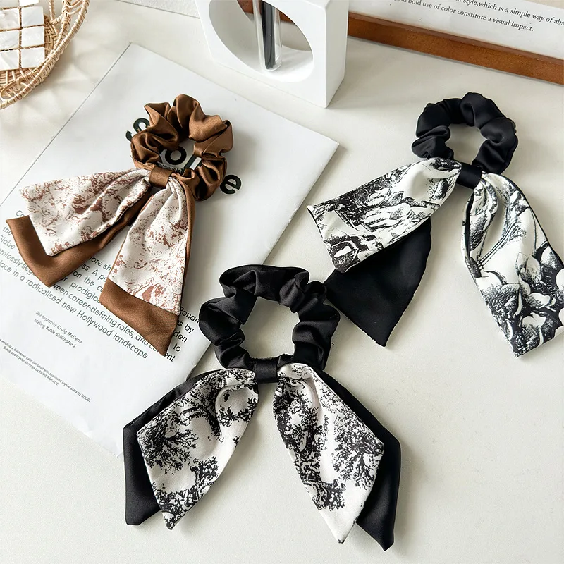 Fashions Ancient Style Ink Printed Bow Hair Bundle Elegant Ladies Satin Ribbon Hair Rope Ponytail Headdress Hair Accessories