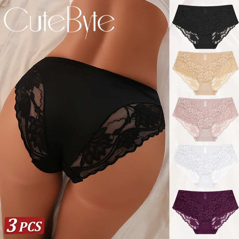 

3 шт./компл. женские изысканные кружевные трусы с цветочным принтом, сексуальные трусики с открытой перспективой, бесшовное удобное дышащее белье