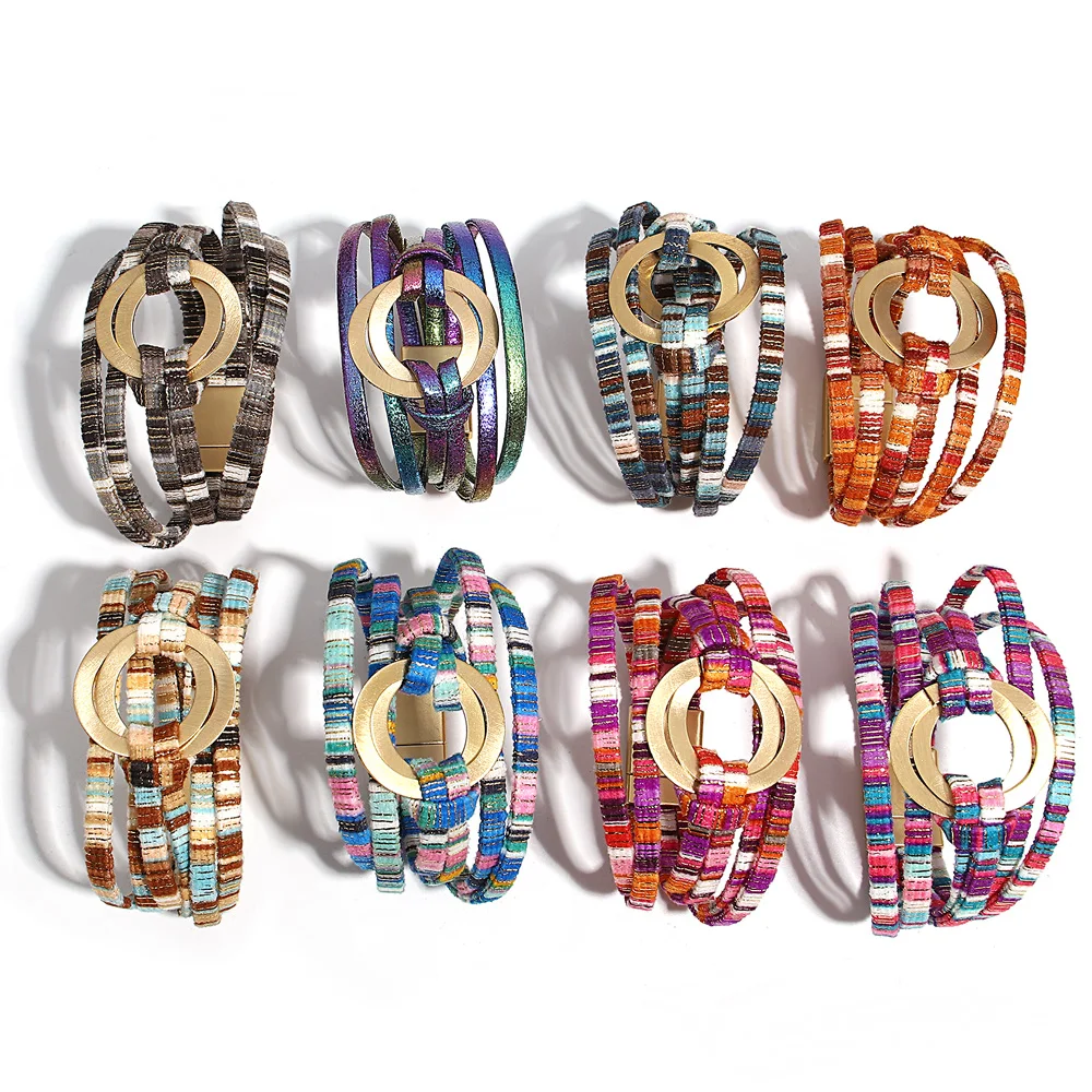 ALLYES Boho Double Circle Colorful Leather Bracelet for Women Vintage Chic Multilayer Wrap Bracelets Bangles Fall Winter Jewelry